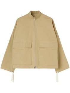 light brown cotton appliqué logo stand-up collar front zip fastening two front flap pockets drop shoulder long sleeves drawstring cuffs straight hem Drawstring Jacket, Versace Outfit, Yoko London, Oversized Jacket, Cotton Jacket, Ski Wear, Jil Sander, Boys Shirts, Lady Dior