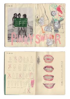 two open notebooks with drawings on them and pink writing in the middle one has pictures of children's mouths