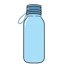 a blue water bottle with a rubber strap around the neck and bottom, on a white background