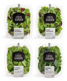 four packages of local garden lettuce are shown in this image with labels on them