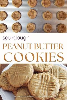 peanut butter cookies on a white plate with the words, sourdough written in large letters