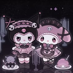 Mymelody And Kuromi Matching Wallpaper, Hello Kitty My Melody And Kuromi Matching Pfp, Kuromi And My Melody Matching Pfp, Mymelody And Kuromi, Sanrio Kuromi And My Melody, Kuromi Drawing, Cute Skull, Charmmy Kitty