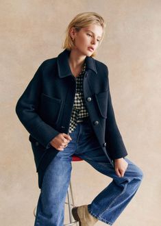 Coat with classic collar;Chest pockets;Pockets with flaps and buttons;Cuffs with buttons;Button placket fastening on the middle front;Lined;Length from the shoulder: 79 cm / 31.1 in (size EU36/UK8) Sezane Coat, Sezane Clothing, Coats 2024, Lifestyle Dresses, Vest Outfit, Everyday Clothes, Denim Suit, Navy Coat, Navy Shirt