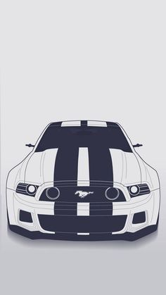 the front view of a white and black car with stripes on it's hood