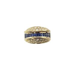 This stunning ring features baguette cut sapphires and round brilliant cut diamonds set in beautifully detailed 18K yellow gold.    Width:  12 mm.  Shank:  6 mm.  Total diamond weight:   .34 ct.  Diamond color: F-G  Diamond clarity: VS  Size: 6.76  Total sapphire weight:  .75 ct.  Weight:   7.4 dwt. /  11.5 gr.  Stamped: 750  GAI Certificate Included.  Very good condition, professionally polished.  Will come packaged in a gift box or pouch (when possible) and will be shipped U.S. Priority Mail Insured. Diamond Sapphire Ring With Baguette Cut Multi-stone, Diamond Multi-stone Sapphire Ring With Baguette Cut, Baguette Cut Sapphire And Diamond Multi-stone Ring, Baguette Cut Multi-stone Diamond Sapphire Ring, Luxury Multi-stone Sapphire Baguette Cut Ring, 14k Gold Sapphire Ring With Baguette Brilliant Cut, Multi-stone Sapphire Ring Baguette Cut, 14k Gold Sapphire Ring With Brilliant And Baguette Cut, Timeless Baguette Cut Sapphire Ring For Anniversary