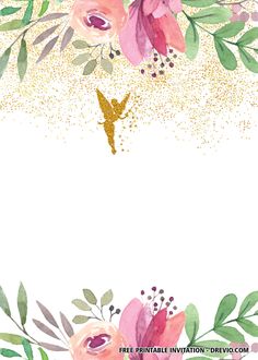 watercolor flowers and gold glitters on a white background with the words free printable party