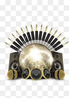 an array of musical instruments on a white background, with black and gold decorations in the middle