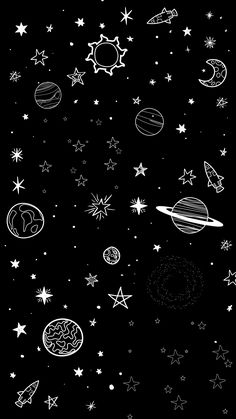 black and white drawing of space with stars, planets and rockets in the sky on a dark background