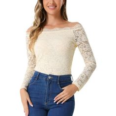 This floral lace blouse is fashioned with a off shoulder and feminine sheer long sleeves. Made from lightweight semi-sheer fabric in a fitting silhouette, this elegant lace blouse from Allegra K is designed with lace trim and full sleeves, which is an effortless option for weddings, night out, or party. Elevate your style in this off shoulder top made from floral lace fabric. A floral lace top with off shoulder and sheer sleeves design offer a charming look for day or night. Scalloped lace trim Floral Lace Fabric, Floral Lace Top, Floral Lace Blouse, Tunic Tops Casual, Floral Lace Tops, Casual Tunics, Sleeves Blouse, Lace Crop Tops, Sheer Fabric