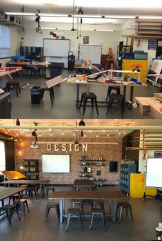 before and after photos of a classroom with desks, chalkboards, and chairs