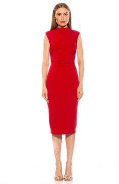 A mock neckline adds on-trend appeal to a figure-hugging bodycon that's crafted with stretch for lasting comfort. Mock neck Sleeveless Lined 97% polyester, 3% spandex Machine wash, line dry Imported Model stats: 5'10" height, 32" bust, 25" waist, 36" hip. Fitted High Neck Dress For Date Night, Elegant Fitted High Neck Bodycon Dress, Fitted High Neck Elastane Dresses, Fitted Elastane Sheath Bodycon Dress, High Neck Stretch Bodycon Dress For Formal Occasions, Chic Fitted High Neck Midi Dress, High Neck Ruched Bodycon Dress, Spring Fitted Elastane Bodycon Dress, High Neck Elastane Dress