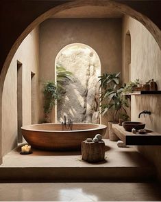 a bath room with a large tub and a potted plant