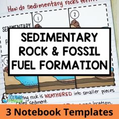 three notebooks with text that reads elementary rock and fossil fuel formation, 3 note book templates