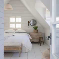 an attic bedroom with white painted walls and flooring is featured in the article, what's your style?