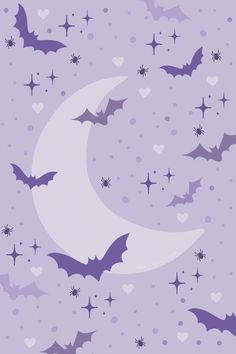 bats flying over the moon with stars and hearts in the sky on a purple background