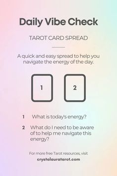 the text reads daily vibe check tarot card spread and an image of two cards