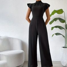 Olivia Mark - High Neck Wide Leg Pants with Ruffled Hem, Sleeveless Jumpsuit, Casual Trousers Zipper Jumpsuit, Jumpsuit Casual, Elegant Dresses Long, Jumpsuit Trousers, Sleeveless Jumpsuits, Casual Trousers, High Waisted Trousers, Wide Leg Jumpsuit, Wide Leg Trousers