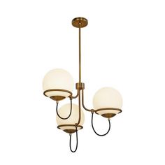 three light chandelier in an antique brass finish with white glass balls on the bottom