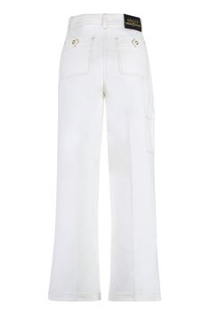 Elevate your denim game with these exquisite cotton trousers. Featuring visible stitching, a zip and button closure, two side welt pockets, and two rear patch pockets with gold-tone metal GG buttons, these trousers are the epitome of luxury and style. Complete with belt loops and a vintage Gucci patch at the back, these trousers are perfect for the fashion-forward individual who appreciates the finer details. The model is 177cm tall and wears size 38. Embrace Italian craftsmanship and sophistica Trousers For Women, Buy Gucci, Cotton Trousers, Supima Cotton, Denim Trousers, Leather Logo, Emilio Pucci, Denim Top, Womens Fall