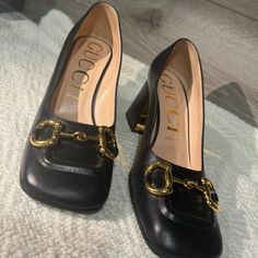 Women's Baby Flared Block Heel Pumps, Square Toe Slip On Smooth Leather Upper Gold-Tone Signature Horsebit Logo Detail At Toe 3" Covered Flared Block Heel Upper, Lining And Sole: Leather Women Black Shoes, Gucci Shoes Women, Block Heel Pumps, Shoes Color, Heel Pumps, Gucci Shoes, Smooth Leather, Shoes Women Heels, Black Shoes