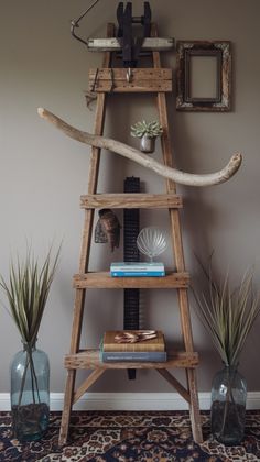 a wooden ladder with books on top of it next to some plants and other items