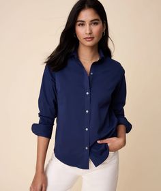 Wrinkle-Free Stretch Cotton Bella Shirt Navy | UNTUCKit Shirt Wrinkles, Stretch Cotton Fabric, Linen Shop, Women's Wardrobe, Navy Color, Wrinkle Free, Light Jacket, New Trends, Every Woman