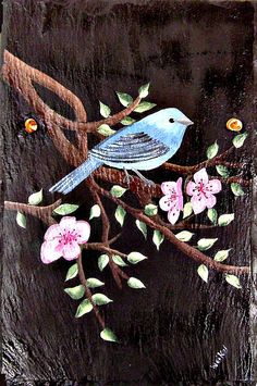 a painting of a blue bird sitting on a branch with pink flowers and green leaves