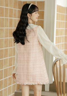 Preppy shift dress with cute details like a scalloped peter pan collar with lace trims, sheer lace long sleeves and pink tweed bodice with a button front and raw hem. Concealed side zipper. S: 34" chest, 31" lengthM: 35.5" chest, 31.5" lengthL: 37" chest, 32" lengthXL: 38.5" chest, 32.5" length Pink Tweed, Lace Trims, Shoe Gifts, Mini Shift Dress, Overall Dress, Pan Collar, Sweater Blouse, Peter Pan Collar, Cardigan Jacket