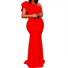 Women One Shoulder Maxi Long Dress Red Ruffles Evening Bodycon Gown-FrenzyAfricanFashion.com Ruffled Maxi Dress For Party, Red Ruffled Maxi Dress For Party, Red Ruffled Evening Dress For Parties, Red Ruffled Evening Dress For Red Carpet, Red Ruffled Floor-length Maxi Dress, Red Carpet Ruffled Sleeveless Dress, Sleeveless Ruffled Red Carpet Dress, Red Carpet Sleeveless Dress With Ruffles, Sleeveless Ruffle Dress For Red Carpet