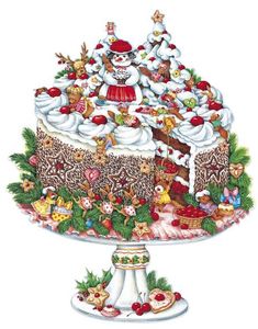 a christmas cake with frosting and toppings on top is shown in this drawing