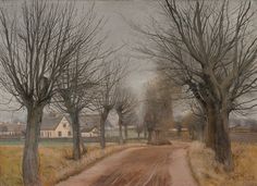 a painting of a dirt road with trees and houses in the background