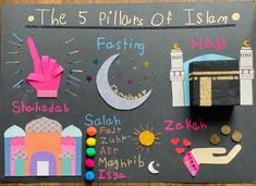 the 5 pillars of islam written on a chalkboard with magnets and crayons