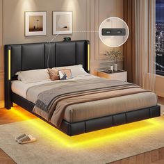 a bed with yellow lights on the side and an image of a city in the background