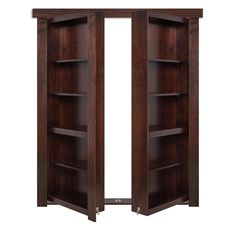 an open wooden bookcase with shelves on both sides and doors to the other side