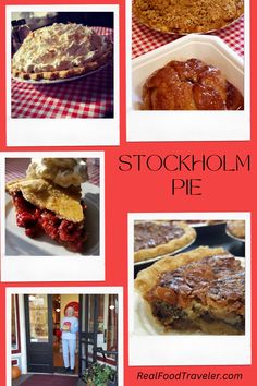 several pictures of different food items on a red and white checkered tablecloth with the words stockholm pie above them