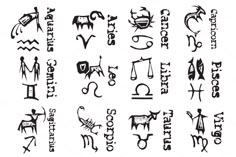 an assortment of zodiac symbols and their meanings in black ink on a white background stock photo