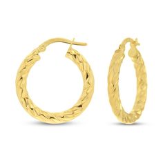 Lustrous textured hoops of high polish gold come together to form these elegant women's hoop earrings. Crafted in 14K yellow gold, the earrings secure in place with snap-lock backs. Earring height is 15mm. Yellow Gold Engraved Hoop Earrings, Yellow Gold Brass Hoop Earrings With Intricate Design, Luxury Textured Yellow Gold Hoop Earrings, Chic 14k Gold-filled Yellow Gold Hoop Earrings, Yellow Gold Tarnish-resistant Brass Hoop Earrings, Jared The Galleria Of Jewelry, Elegant Woman, Jewelry Patterns, Fashion Earrings