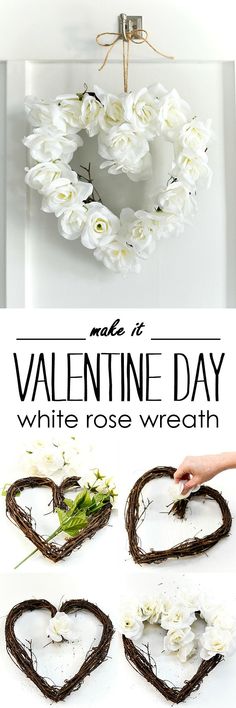 valentine's day wreath made with white roses and twigs