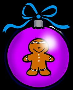 a purple ornament with a gingerbread man on it's side and a blue ribbon around the top