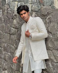 *3 Piece  White ,  Silk Open Shrug Set , Groom Special  Days Suit. *Fabric: %100 Silk , Thick, Warm, Comfortable, Breathable, Softer, Satin Feeling *Center 6 Button Jacket ,  With Zipper Fly Pants. *This Suit Has A 6" Drop Which Is The Difference Between The Size Of The Sherwani & Pants. For Example, A 40r Jacket Includes A 34W Pant *Dry Clean Only Important Note: All Our Products Are Made To Order ! Please Contact Us For Perfect Fitting Suit. .Full Lining Shrugs With Padding *We are proud to of Fitted Cream Set With Intricate Embroidery, Fitted Off White Sets With Chikankari Embroidery, Off White Fitted Sets For Eid, White Embroidered Long Sleeve Sets, Festive White Long Sleeve Sets, White Long Sleeve Suit For Eid, Off White Long Sleeve Wedding Set, White Long Sleeve Wedding Sets, White Long Sleeve Sets With Resham Embroidery