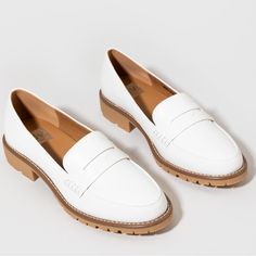 Never Worn, New Without Box Size 9.5 Classic White Platform Loafers With Round Toe, White Closed Toe Platform Loafers For Work, White Classic Platform Loafers For Spring, White Oxfords For Spring Workwear, Classic White Platform Loafers With Flat Heel, White Platform Loafers With Flat Heel For Work, White Closed Toe Loafers For Work, White Flat Heel Oxfords For Work, White Flat Heel Loafers For Work