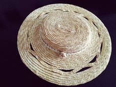 Unique design, at the same time very practical and suits with literally every summer outfit. Handmade to measure of 100% natural finest quality wheat straw. Diameter: cca 33 cm Crown depth: cca 4 cm Bohemian Natural Straw Hat For Garden Party, Flat Brim Straw Hat With Open Weave, Flat Brim Open Weave Straw Hat, Vintage Straw Bag For Beach, Vintage Straw Beach Bag For Summer, Vintage Summer Straw Beach Bag, Vintage Summer Beach Straw Bag, Brimmed Woven Straw Hat, Woven Brimmed Straw Hat