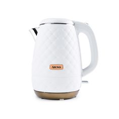 an electric kettle is shown on a white background with the word amoxa written in gold