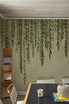 a dining room table with two chairs and a plant mural on the wall