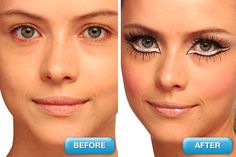 before and after photos of a woman's face with fake eyelashes on her eyes