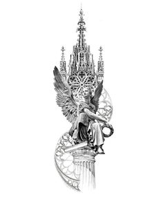 a drawing of an angel sitting on top of a clock with a castle in the background