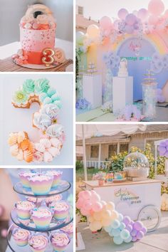 a collage of photos with cakes, cupcakes and balloons