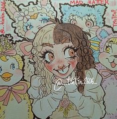 a drawing of a girl surrounded by teddy bears and other stuffed animals, with the caption mad - hatter written below