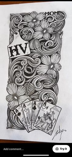 a drawing of playing cards with the word hv on it and flowers in the background