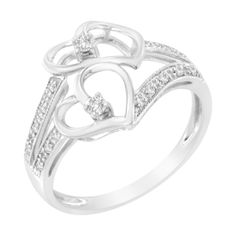 Celebrate your magical love moments with this resplendent milgrain finished Twin Heart Diamond Ring. This captivating ring showcases two open hearts adorn with 2 gorgeous round cut diamonds and shank is embellished with 12 round cut accented diamonds. Diamonds are beautifully prong and pave set and rendered to glowing perfection on luminous 14 karat white gold. Total diamond weight is 1/10 ctw. Anniversary Rings With Diamond Accents And Double Heart, Double Heart Anniversary Rings With Diamond Accents, Double Heart Diamond Ring With Accents For Valentine's Day, Promise Double Heart Diamond Ring With Accents, Valentine's Day Double Heart Diamond Ring With Accents, Fine Jewelry Double Heart Diamond Ring With Accents, Double Heart Cubic Zirconia Rings With Diamond Accents, Wedding Rings With Diamond Accents And Open Heart Shape, Magical Love